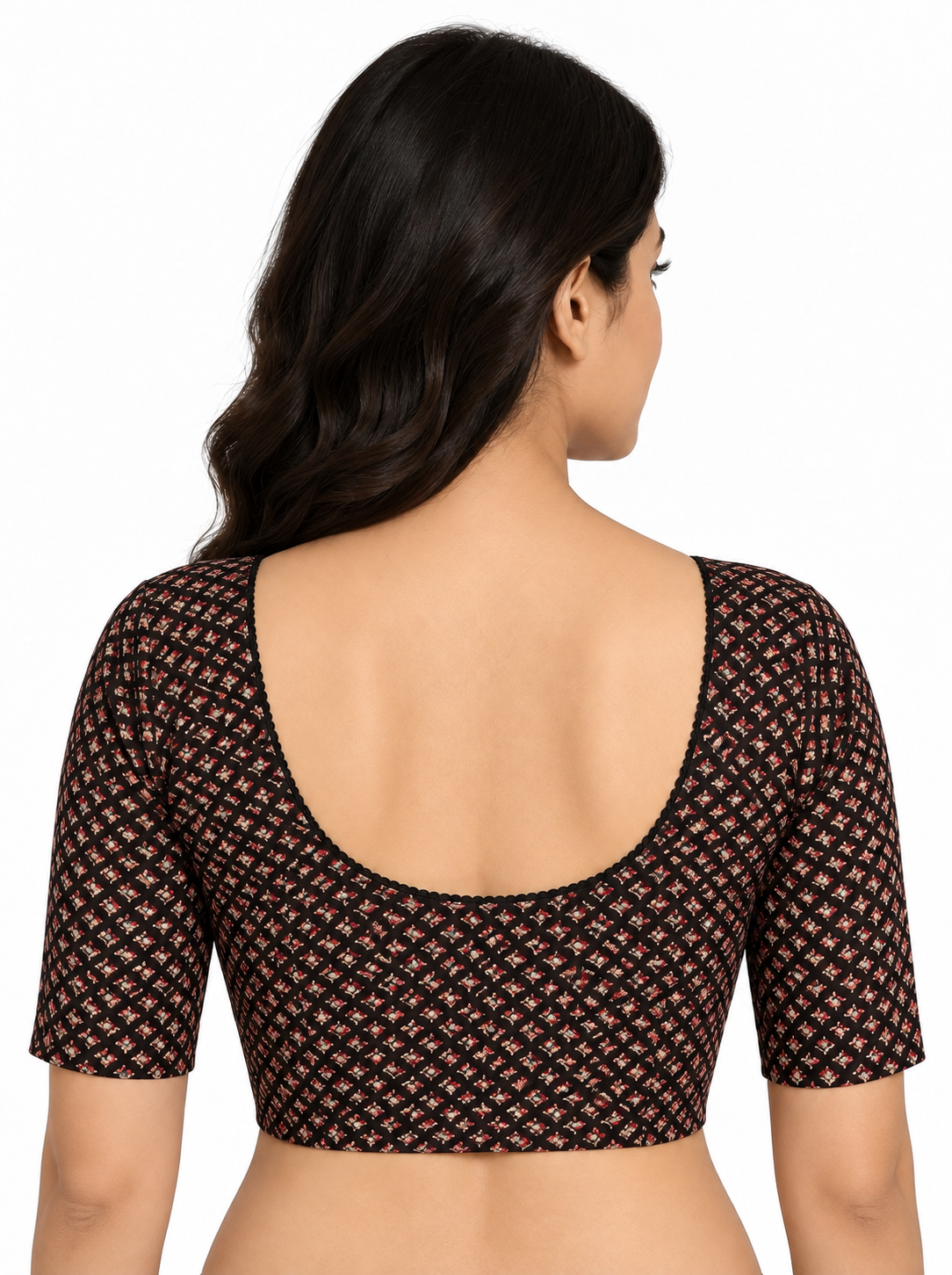 Ajrakh Cotton Saree Blouse, Multi color Elbow Sleeves Crop Top, Stretchable Sari Blouse — black ajrakh back view
