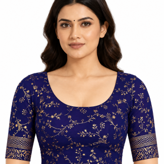 Blue Floral Saree Blouse, Stretch Crop Top Sari Blouse (S-XXL) — blue front view