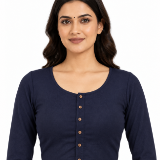 Navy Blue Stretchable Saree Blouse, Long Sleeve Collar Sari Top (S-XXL) — navy blue front view