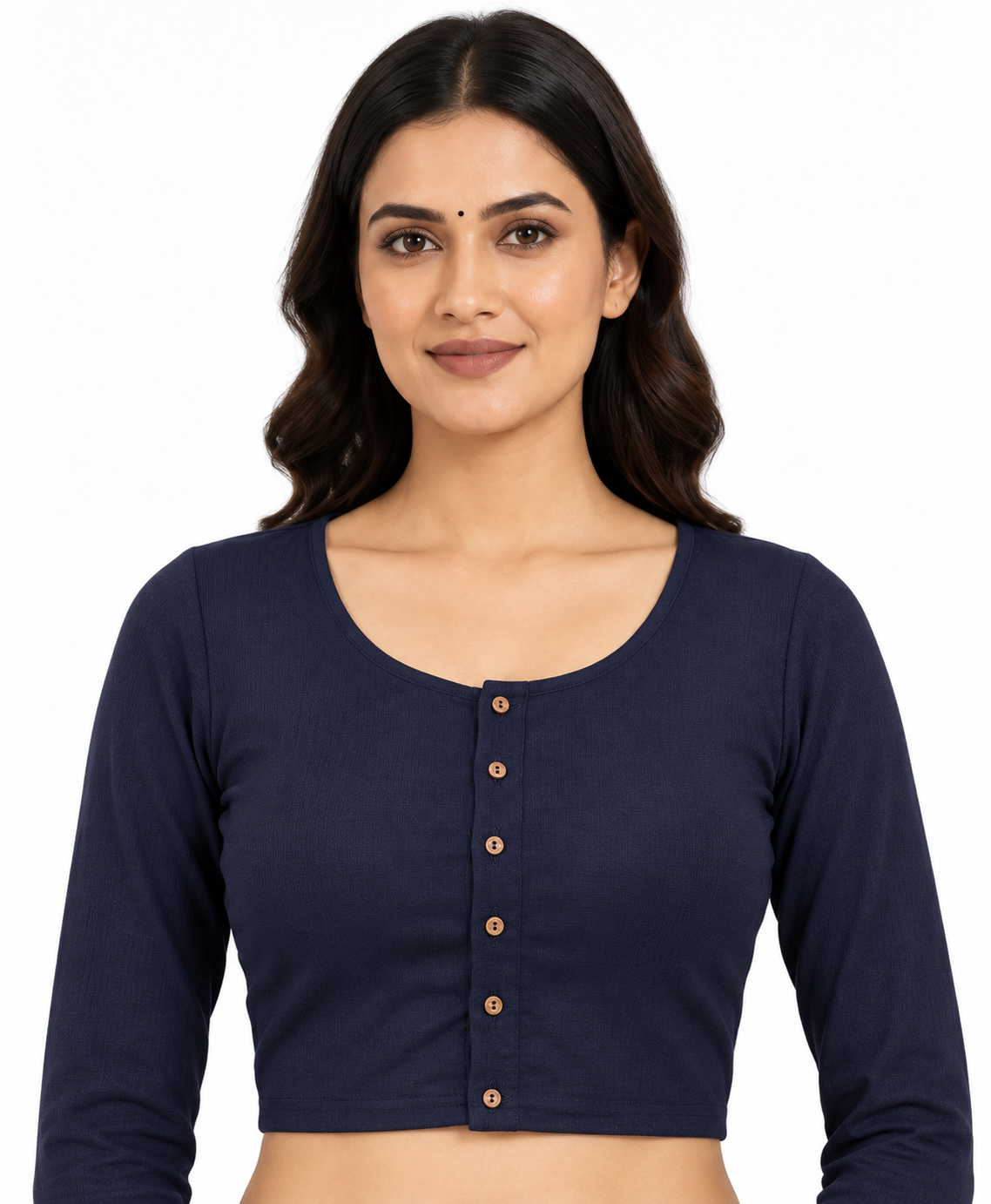 Navy Blue Stretchable Saree Blouse, Long Sleeve Collar Sari Top (S-XXL) — navy blue front view