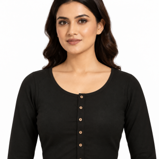 Black Stretchable Saree Blouse, Long Sleeve Collar Sari Top (S-XXL) — black front view