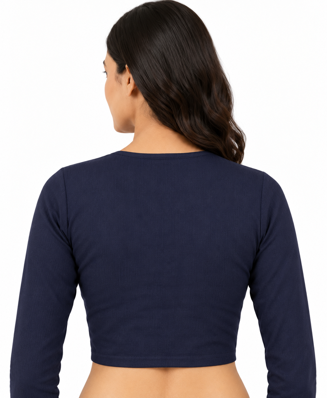 Navy Blue Stretchable Saree Blouse, Long Sleeve Collar Sari Top (S-XXL) — navy blue back view