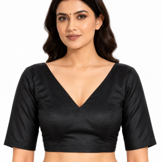 Black Dupion Silk V-Neck Saree Blouse with Deep V Tie Back — front view
