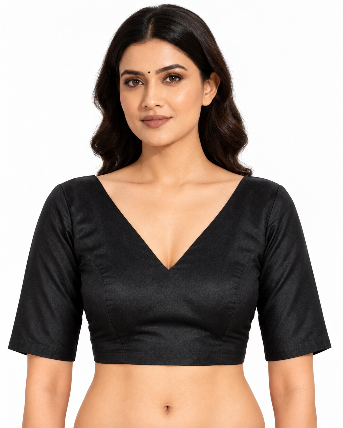 Black Dupion Silk V-Neck Saree Blouse with Deep V Tie Back — front view