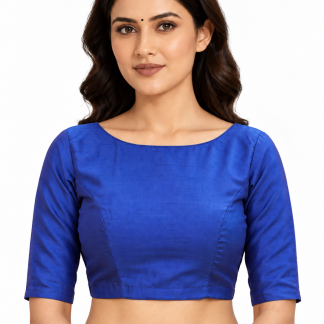 Royal Blue Silk Boat Neck Saree Blouse with Elbow Sleeves — front view
