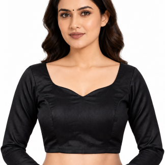 Black Taffeta Silk Sweetheart Neck Saree Blouse with Full Sleeves — front view