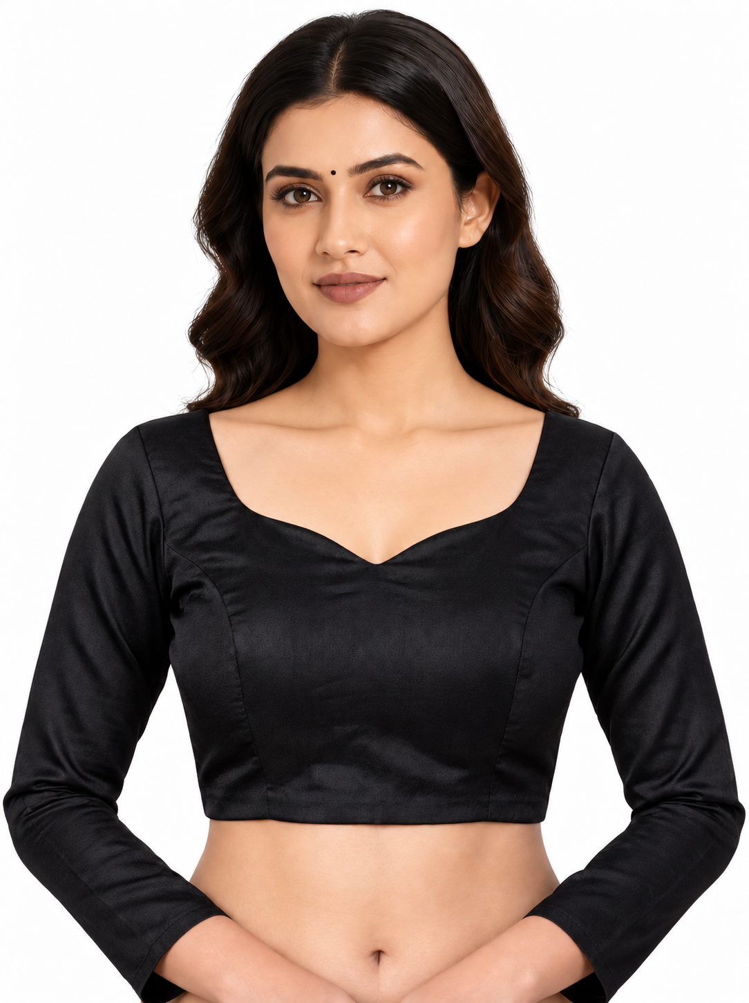 Black Taffeta Silk Sweetheart Neck Saree Blouse with Full Sleeves — front view