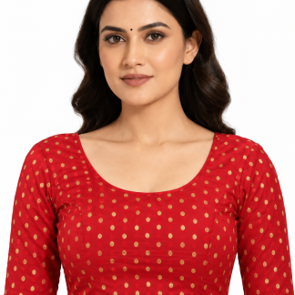 2 Pcs Stretchable Cotton Saree Blouse, Crop Top, Elbow Sleeves U Neck, Sizes S-XXL — red front view