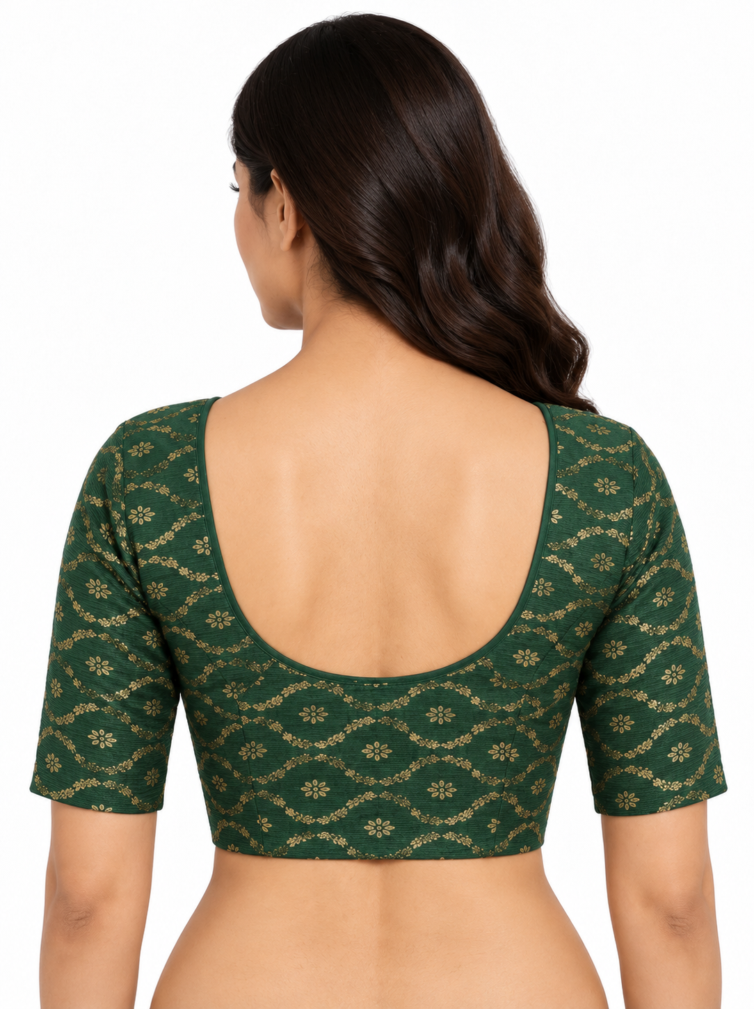 Pack of 3 Stretchable Cotton Saree Blouse, Crop Top, Elbow Sleeves, Red Black & Green — green back view