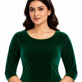 Green Velvet Keyhole Back Saree Blouse with Elbow Sleeves — front view