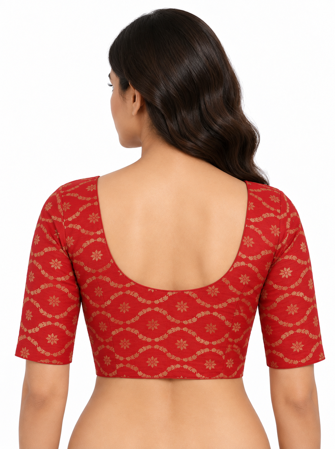 Red Stretchable Cotton Saree Blouse, Crop Top, Elbow Sleeves, Sari Top, Sizes S-XXL — red back view