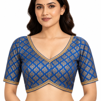 Royal Blue Banarasi Chanderi V-Neck Saree Blouse with Elbow Sleeves — front view
