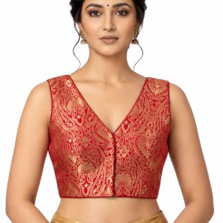 Bright Red sleeveless Banarasi silk V-neck blouse with gold brocade, front view
