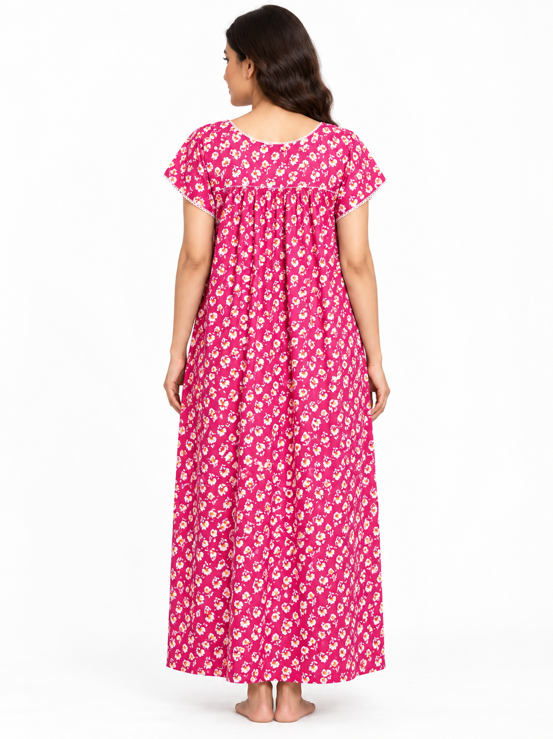 Pink floral cotton nightgown, back view