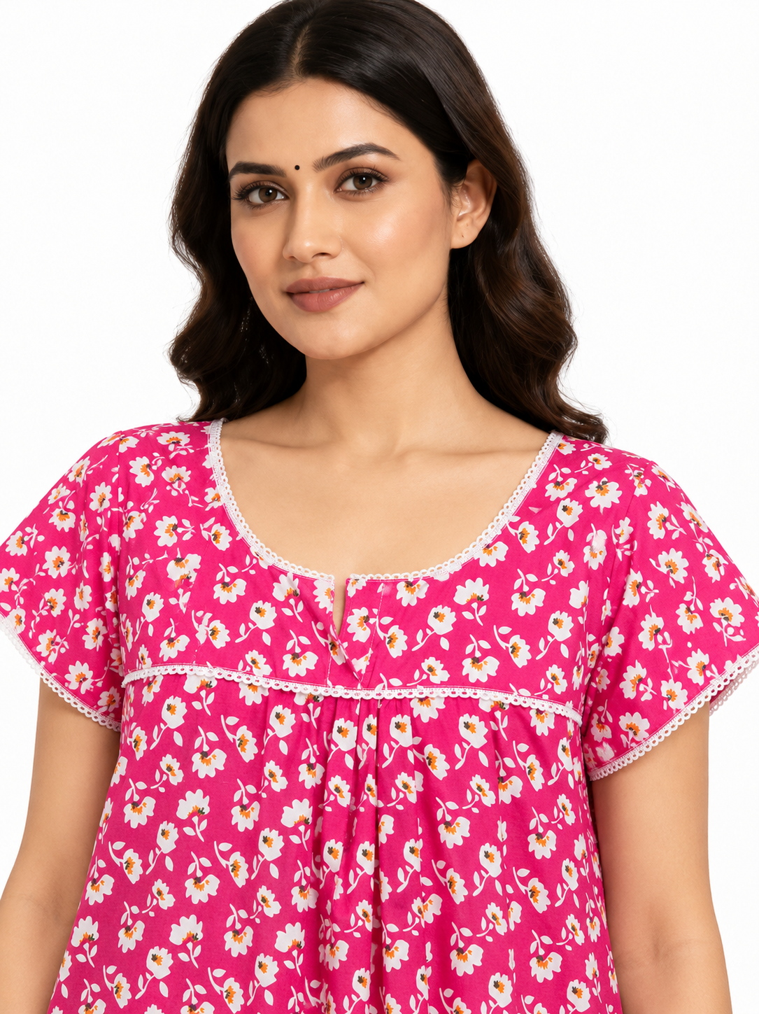 Pink floral cotton nightgown, close-up view
