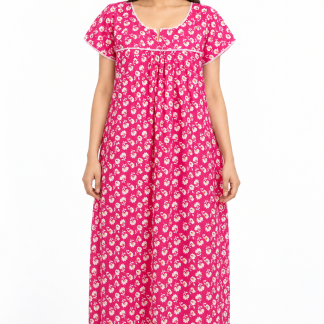 Pink floral cotton nightgown, front view