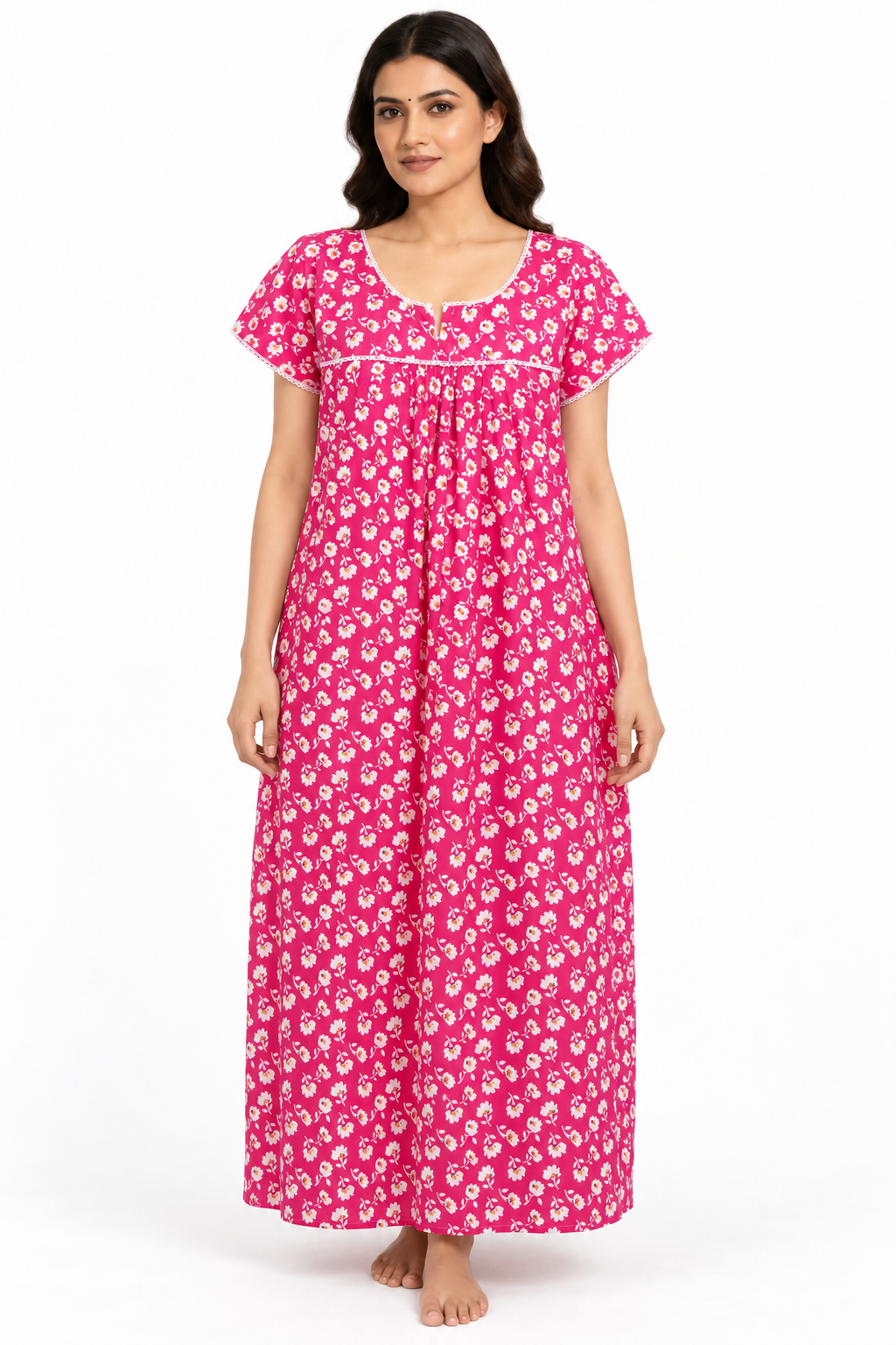 Pink floral cotton nightgown, front view