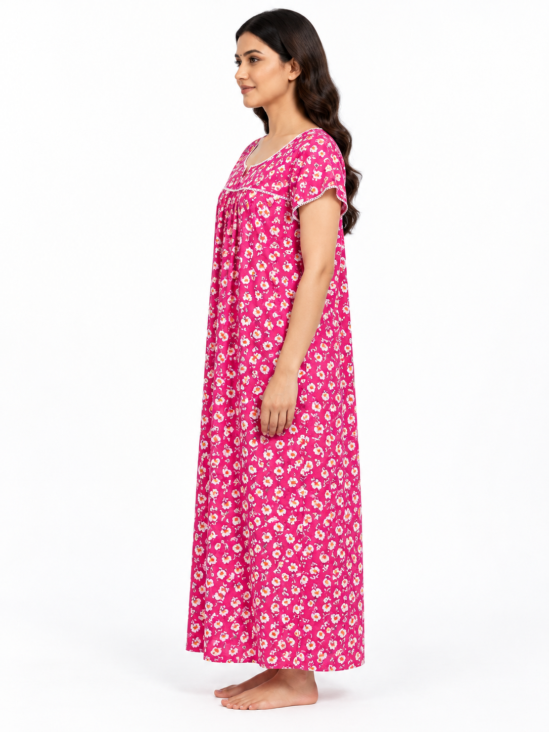 Pink floral cotton nightgown, side view