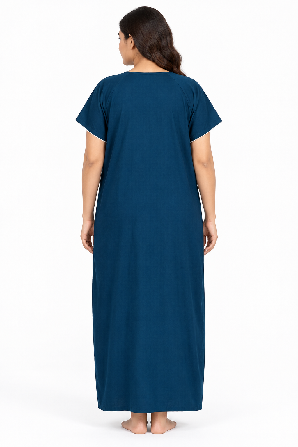 Teal embroidered cotton nightgown, back view