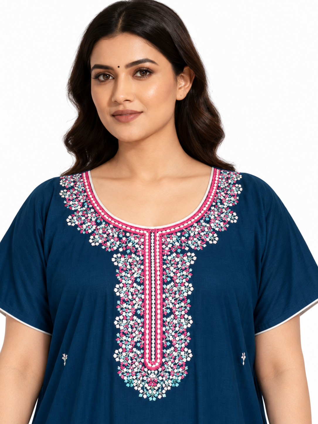 Teal embroidered cotton nightgown, close-up view