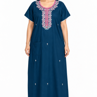 Teal embroidered cotton nightgown, front view