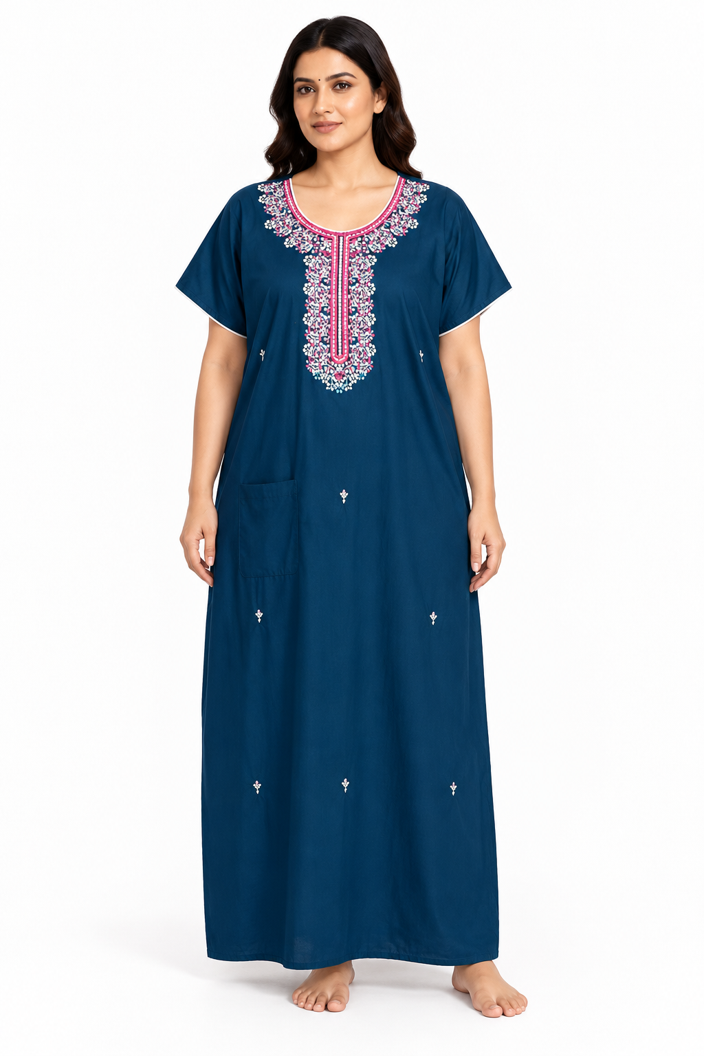 Teal embroidered cotton nightgown, front view