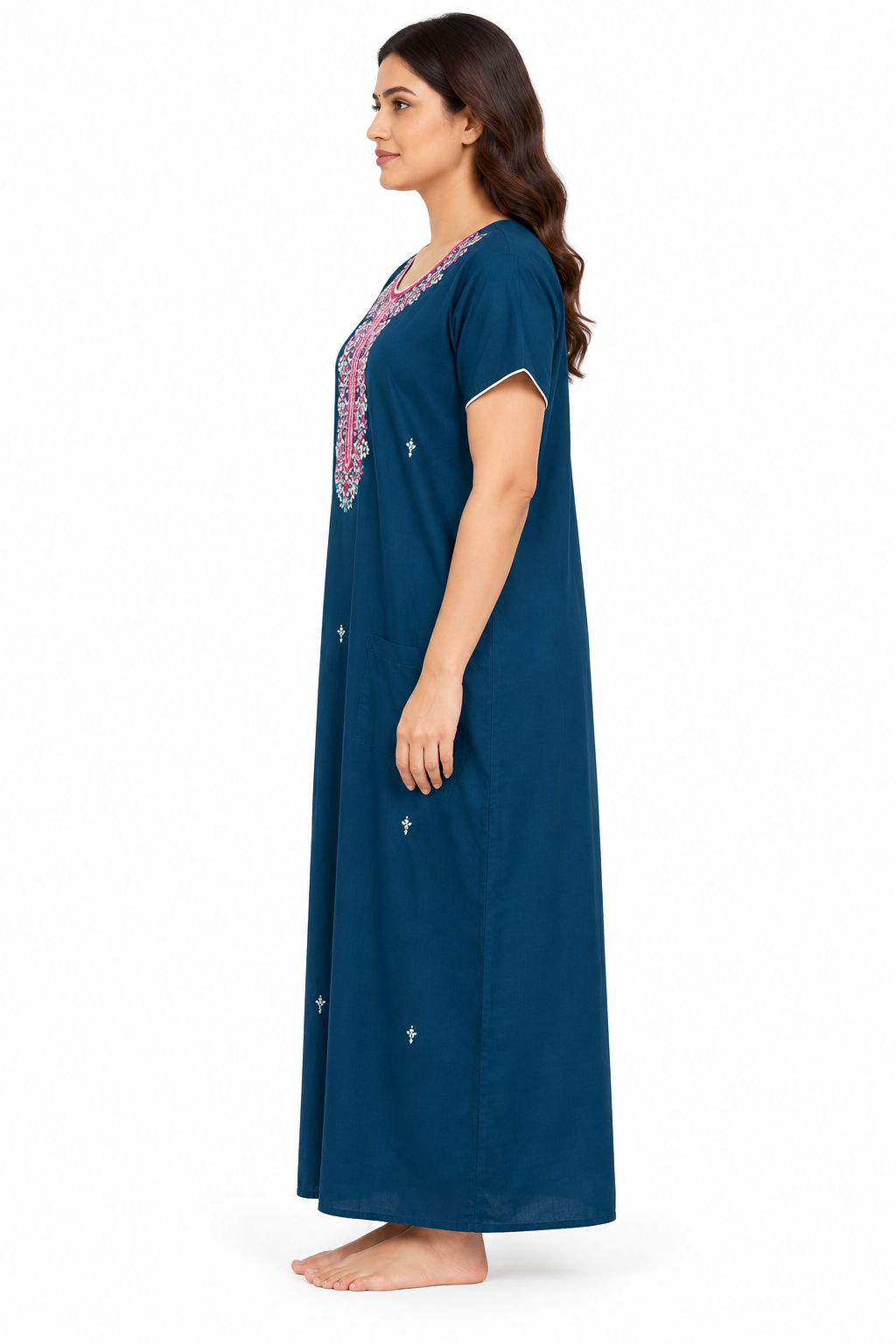 Teal embroidered cotton nightgown, side view