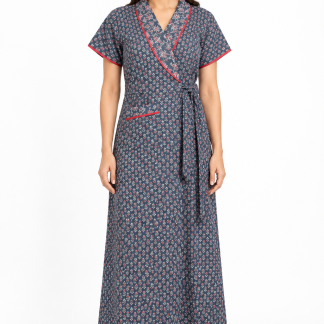 Women’s Cotton Printed Wrap Nightgown with Waist Tie, front view