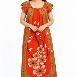Red and brown floral cotton maxi nightgown — front view