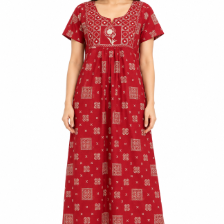 Women’s Red Cotton Ethnic Printed Maxi Nightgown, front view