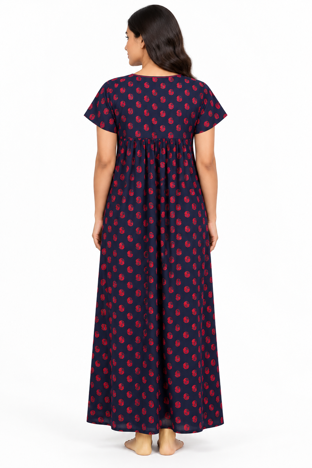 Women’s Navy Cotton Paisley Printed Maxi Nightgown, back view