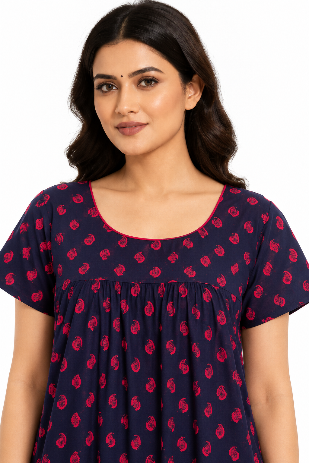 Women’s Navy Cotton Paisley Printed Maxi Nightgown, close-up view