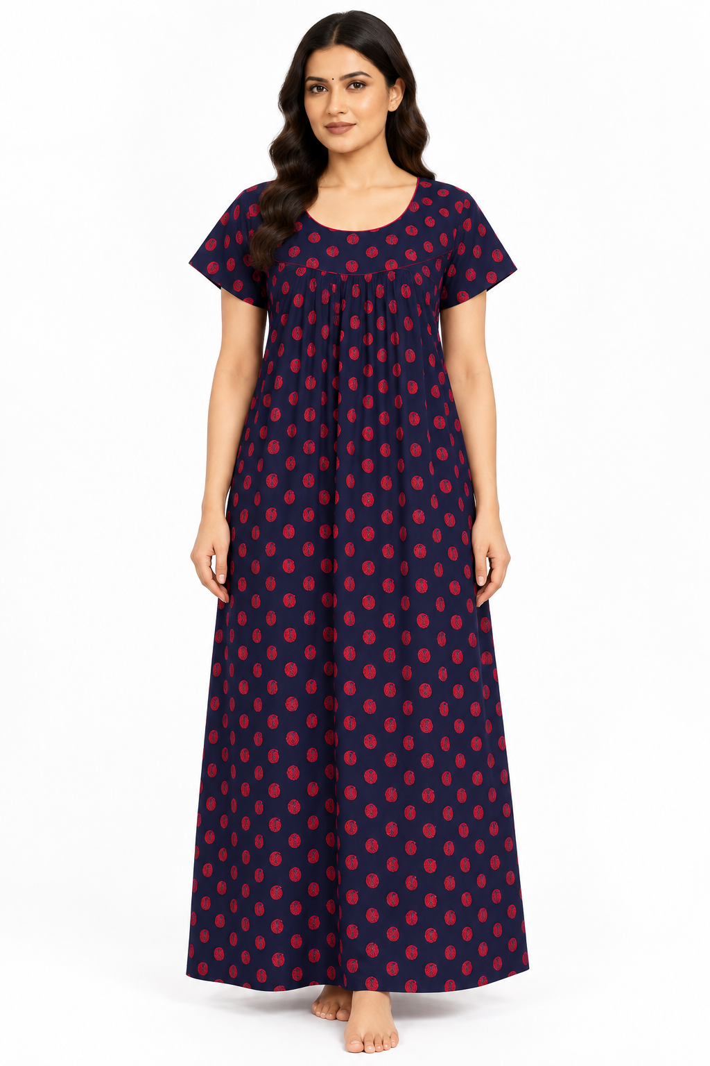 Women’s Navy Cotton Paisley Printed Maxi Nightgown, front view