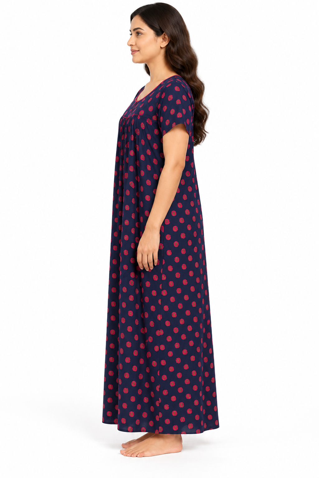 Women’s Navy Cotton Paisley Printed Maxi Nightgown, side view