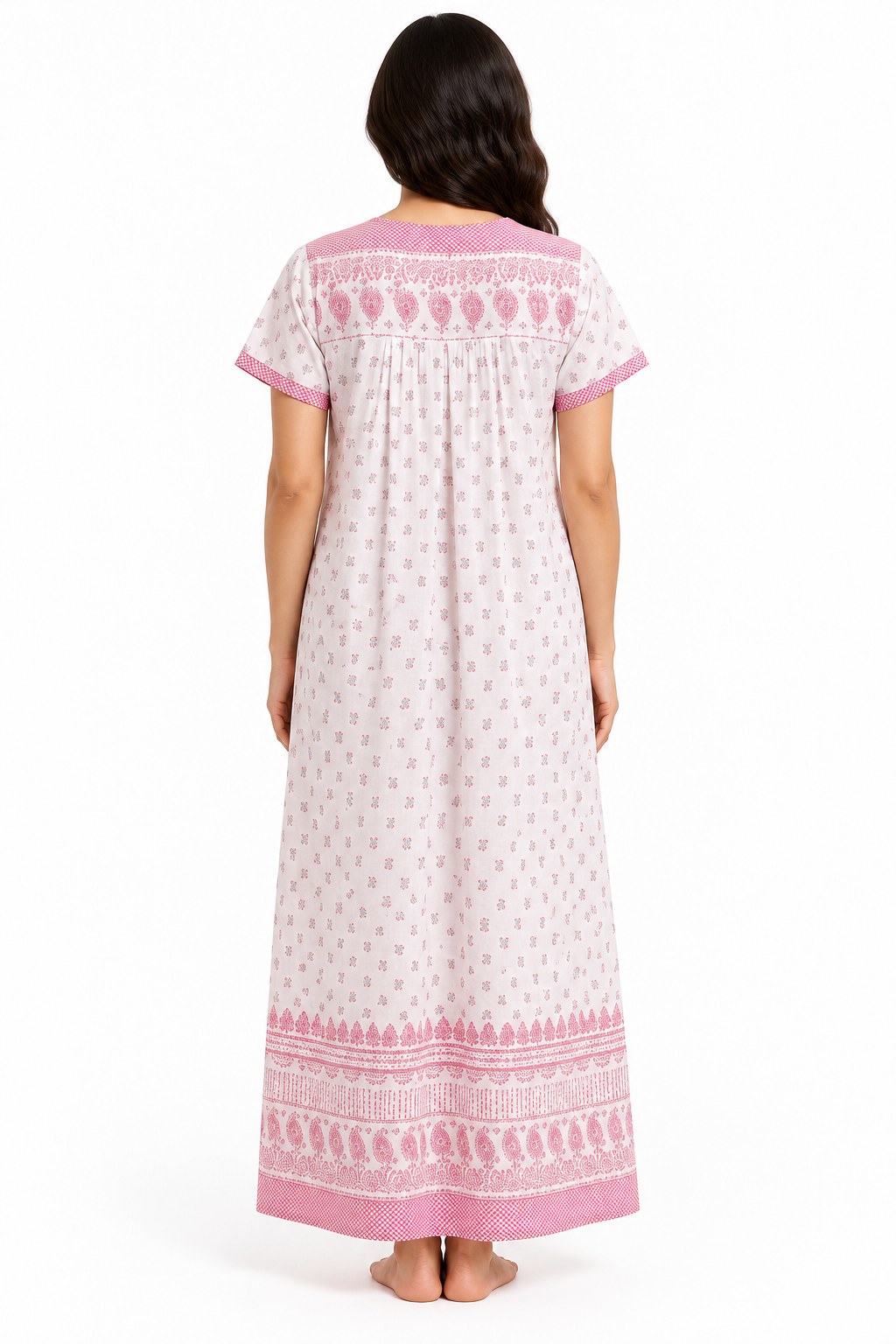 Women’s Pink and White Cotton Printed Maxi Nightgown with Pocket, back view