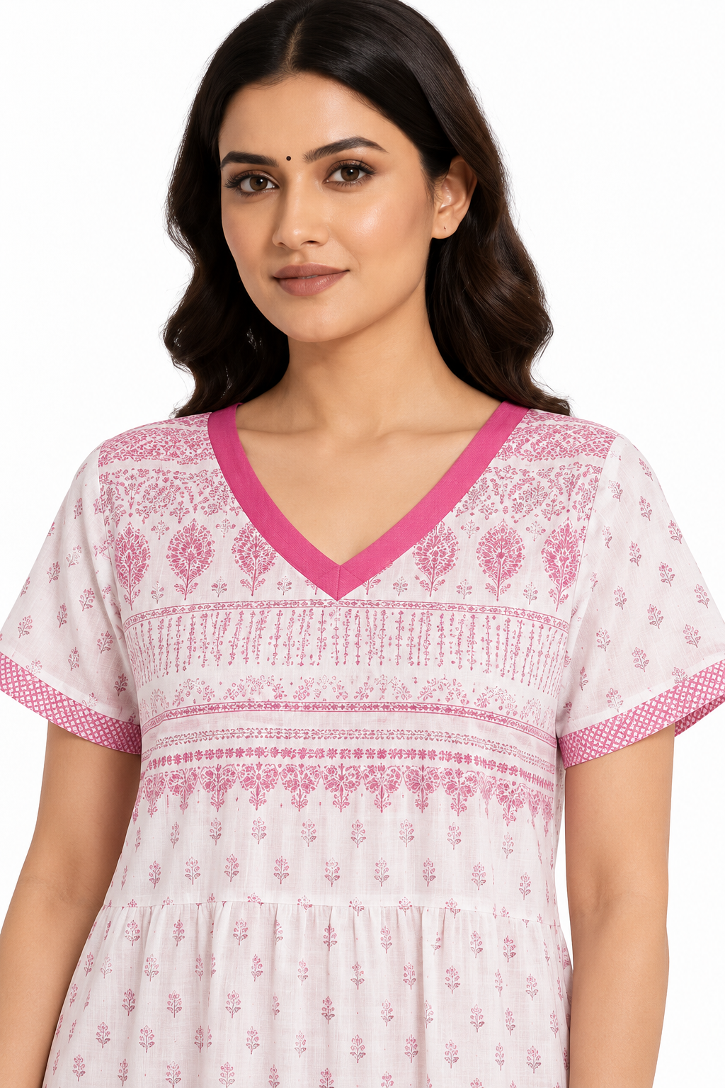 Women’s Pink and White Cotton Printed Maxi Nightgown with Pocket, close-up view