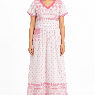 Women’s Pink and White Cotton Printed Maxi Nightgown with Pocket, front view