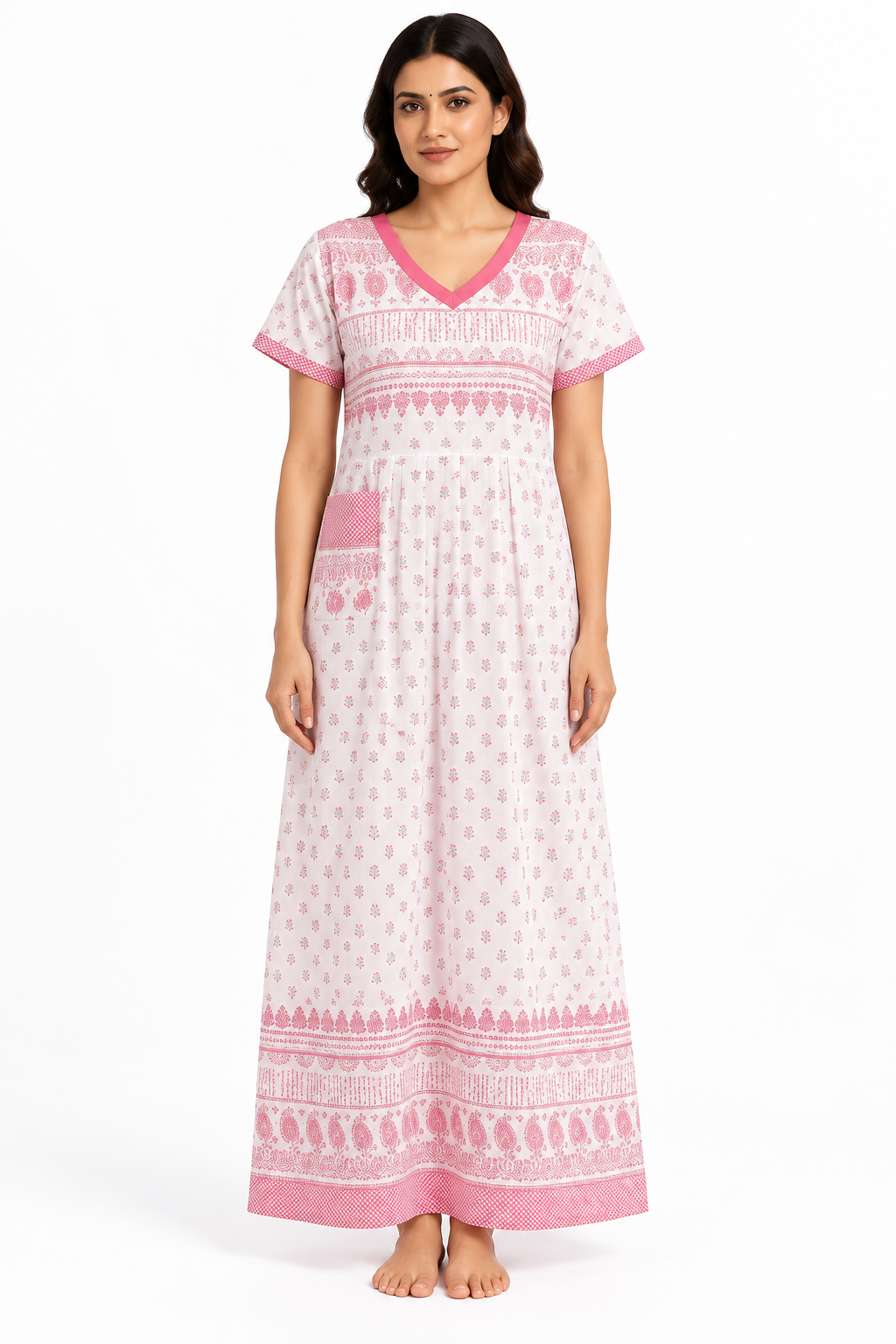 Women’s Pink and White Cotton Printed Maxi Nightgown with Pocket, front view