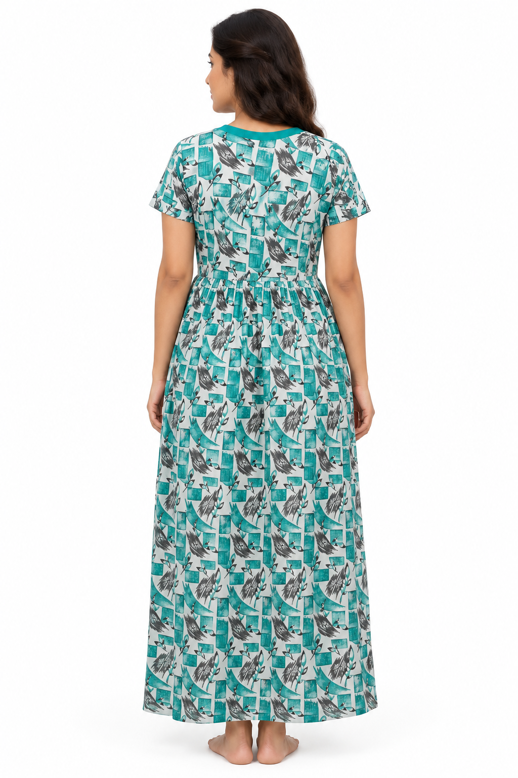 Women’s Teal Floral Cotton Maxi Nightgown with V-Neck, back view