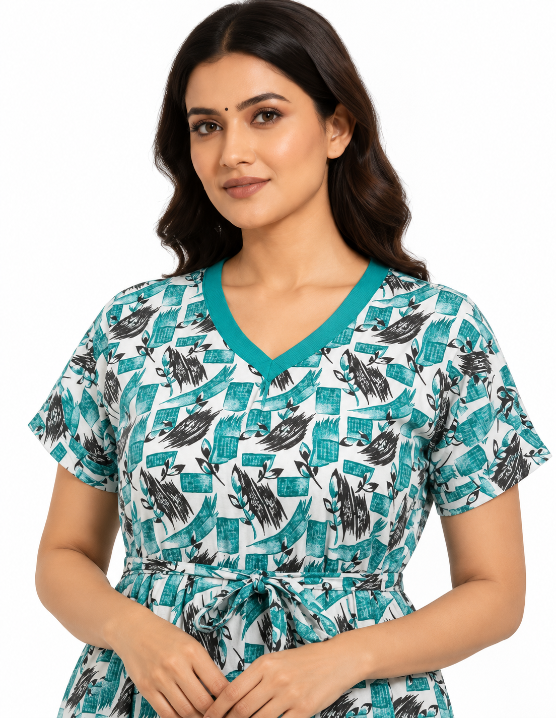 Women’s Teal Floral Cotton Maxi Nightgown with V-Neck, close-up view
