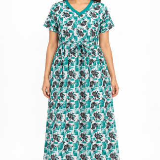 Women’s Teal Floral Cotton Maxi Nightgown with V-Neck, front view