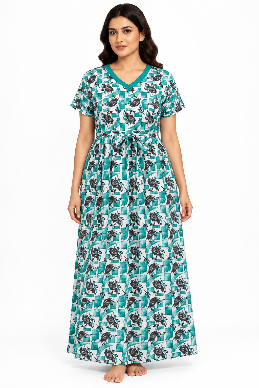 Women’s Teal Floral Cotton Maxi Nightgown with V-Neck, front view