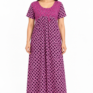 Purple cotton blend printed nightgown, front view