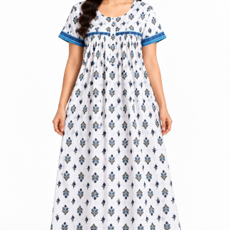 White and navy cotton maxi nightgown with blue trim, front view