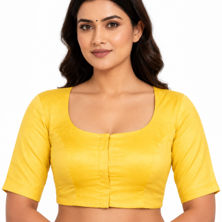 Yellow Dupion Silk Round Neck Saree Blouse with Elbow Sleeves — front view