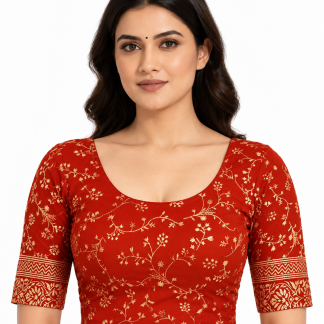 2 Pcs Stretchable Cotton Saree Blouse, Crop Top, Red and Black Elbow Sleeves Blouse — red front view