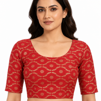 Red Stretchable Cotton Saree Blouse, Crop Top, Elbow Sleeves, Sari Top, Sizes S-XXL — red front view