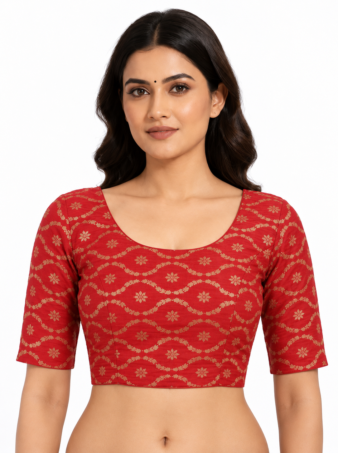 Pack of 3 Stretchable Cotton Saree Blouse, Crop Top, Elbow Sleeves, Red Black & Green — red front view