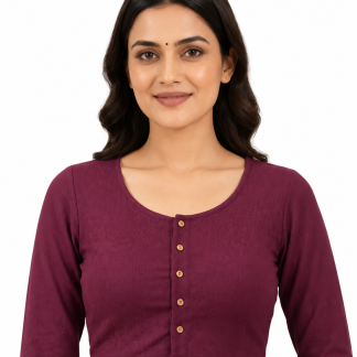 Magenta Stretchable Saree Blouse, Long Sleeve Collar Sari Blouse, Crop Top (S-XXL) — magenta front view