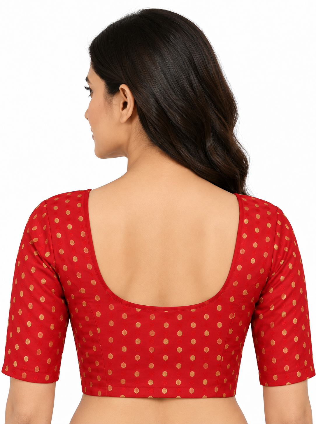 Stretchable Cotton Red Saree Blouse, Crop Top, Sizes S-XXL, Elbow Sleeves, U Neck — red back view